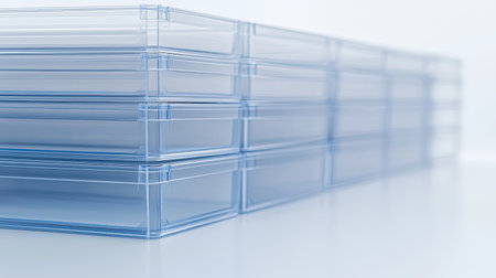 A serene image of stacked clear plastic boxes, ideal for storage solutions. The transparent containers offer a sleek and minimalistic aesthetic perfect for organization.の素材