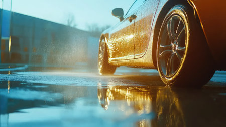 A close-up view of a car wheel splashing through water on a shiny pavement. The reflection creates a dramatic and dynamic effect, emphasizing movement.の素材