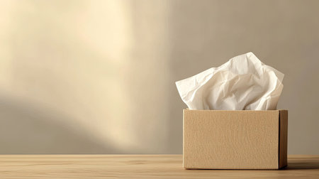 A soft tissue box sits on a wooden table, featuring crumpled paper. The natural light creates a warm, inviting atmosphere perfect for home decor.の素材