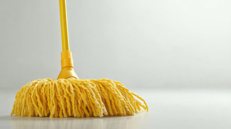A bright yellow mop head positioned upright on a clean floor, symbolizing effective cleaning and maintenance. Ideal for home improvement themes.の素材