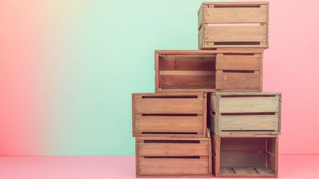 Aesthetic arrangement of stacked wooden crates on a pastel gradient background. Ideal for rustic decoration themes, creative projects, and stylish home designs.の素材