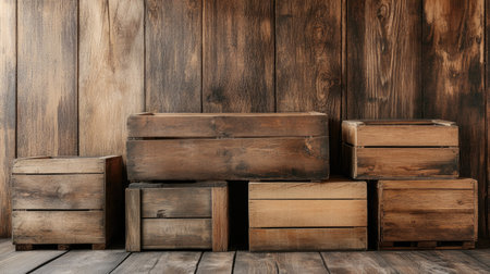 A collection of rustic wooden boxes of varying sizes arranged against a wooden wall. This warm-toned setup creates a cozy and inviting atmosphere for various design needs.の素材