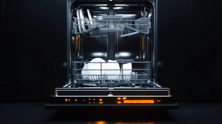 A modern dishwasher interior showcasing clean dishes ready for use. The sleek design emphasizes efficiency and hygiene in kitchen appliances, enhancing daily life.の素材