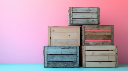 A creative arrangement of stacked wooden crates against a soft, colorful background, perfect for use in design projects, advertisements, or artistic displays.の素材