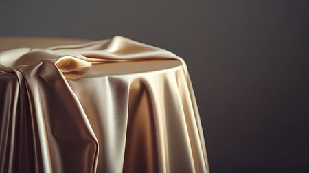 This image features an elegant gold satin fabric draped artistically on a table surface, showcasing its smooth texture and reflective quality in soft light.の素材