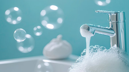 Enjoy a serene bathroom atmosphere featuring a modern faucet with flowing water and gentle bubbles. A perfect scene for relaxation and wellness.の素材