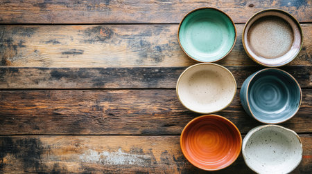 A stunning collection of colorful ceramic bowls placed on a rustic wooden table. The arrangement showcases various textures and colors, perfect for enhancing any dining experience.の素材