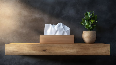 A stylish tissue box and potted plant create a modern aesthetic on a wooden shelf against a textured wall, highlighting minimalism and subtle elegance.の素材