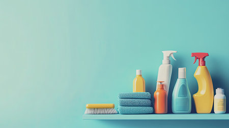 A vibrant display of various cleaning products and tools on a blue shelf. This scene captures the essence of a tidy and organized home environment, emphasizing cleanliness.の素材