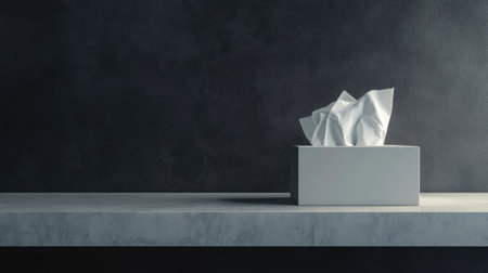 Minimalist scene featuring a white tissue box on a concrete shelf against a dark, textured background, emphasizing simplicity and elegance in home decor.の素材