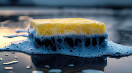 A close-up of a yellow sponge surrounded by blue foam, resting on a reflective surface. The scene captures the essence of cleaning and hygiene, evoking freshness and simplicity.の素材
