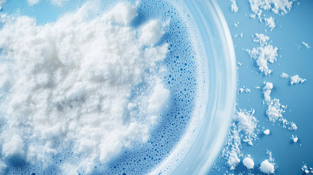 A close-up view of a blue soapy mixture with white powder in a clear bowl, showcasing bubbles and texture on a blue surface, ideal for cleaning concepts.の素材