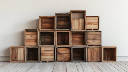 A striking arrangement of wooden storage crates in various sizes, perfect for home decoration or organization ideas. The rustic design adds warmth and charm.の素材