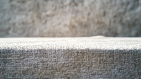 A close-up shot of a soft linen tablecloth elegantly draped over a table, set against a subtly textured background. Ideal for design inspiration.の素材