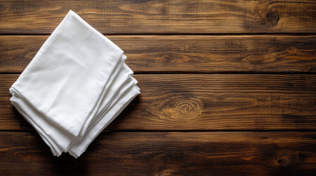 This image features neatly folded white napkins placed on a rustic wooden table. Ideal for enhancing dining experiences, it evokes a sense of elegance and simplicity.の素材