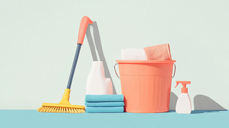 A vibrant arrangement of cleaning supplies including a brush, bottles, towels, and a bucket, perfect for promoting organization and cleanliness in any home.の素材