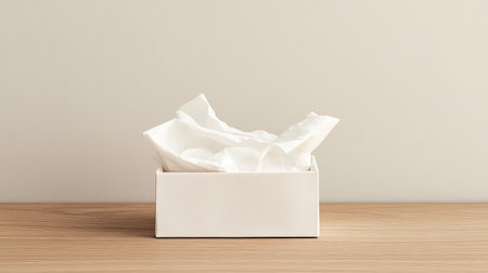 A minimalist white box filled with soft tissue paper sits on a wooden surface, creating a serene and elegant atmosphere ideal for artistic and product photography.の素材