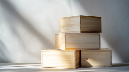 A serene composition featuring stacked wooden boxes casting gentle shadows. The minimalist design highlights natural textures and warm tones, perfect for decor.の素材
