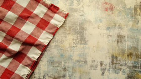 A vibrant red and white checkered tablecloth rests on a textured surface, adding a warm touch to any dining setting, perfect for culinary displays or home decor.の素材