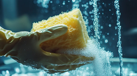 A close-up view of a yellow cleaning sponge held in a gloved hand, surrounded by cascading water and bubbles, emphasizing cleanliness and hygiene in household tasks.の素材