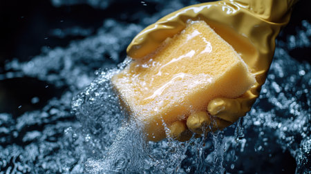 A close-up image of a hand wearing a yellow glove, holding a sponge immersed in flowing water, illustrating the essence of cleaning and hygiene practices.の素材