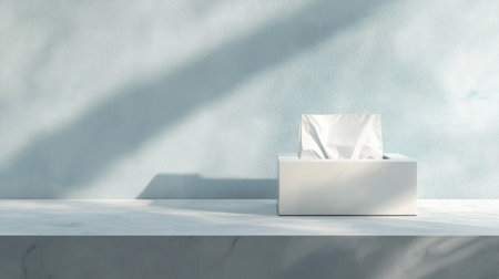 A minimalist white tissue box elegantly sits on a polished surface against a light blue wall. The soft shadows create a calming and serene atmosphere.の素材