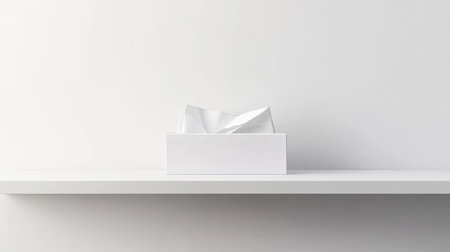 A modern minimalist tissue box rests on a simple white shelf, showcasing clean lines and a serene atmosphere, ideal for contemporary interior designs.の素材