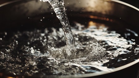 Close-up view of water pouring into a pan, creating mesmerizing bubbles and ripples on the surface. The play of light and shadows highlights the movement and texture.の素材