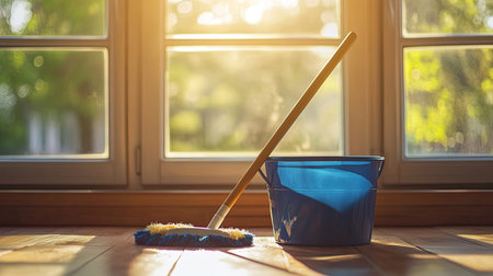 A mop and blue bucket rest on a wooden floor near a sunlit window, creating a bright and warm atmosphere ideal for cleaning and maintaining a home.の素材