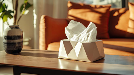 A beautiful tissue box placed on a wooden coffee table, surrounded by cozy decor. Soft natural light enhances the serene atmosphere of the living space.の素材