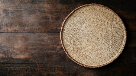 A round woven basket on a rustic wooden surface, showcasing natural textures and earthy tones. Perfect for home decor or storage solutions.の素材
