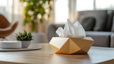 A stylish geometric tissue box on a wooden table in a modern living room, complemented by a small plant and a cozy ambiance, ideal for contemporary decor.の素材