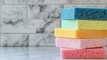 A vibrant collection of colorful cleaning sponges stacked neatly against a marble surface, showcasing their textures and hues in bright light, perfect for household use.の素材