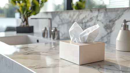 A stylish tissue box sits gracefully on a marble countertop, enhancing the elegance of a modern kitchen. This image captures the serene blend of functionality and decor.の素材