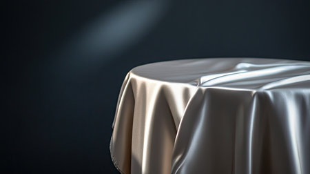 A close-up view of an elegant table featuring a smooth satin tablecloth. The rich texture and subtle lighting create a sophisticated atmosphere perfect for events.の素材