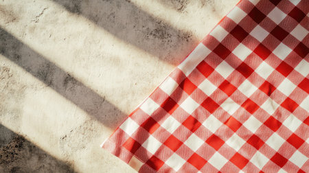 A vibrant red and white checkered tablecloth drapes elegantly on a rustic surface, casting beautiful shadows in soft sunlight. Perfect for summer meals.の素材