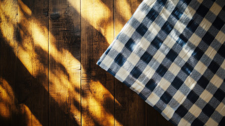 A blue and white checkered tablecloth drapes over a rustic wooden table. Soft sunlight creates gentle shadows, adding warmth and charm to the scene. Perfect for dining or picnics.の素材