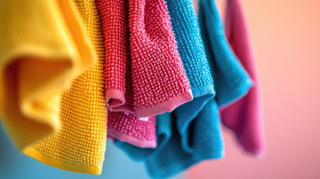 A vibrant display of colorful microfiber cloths hanging on a gradient background. The texture and absorbency make them ideal for cleaning tasks in any home setting.の素材