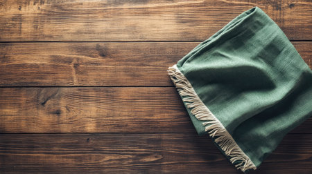 A green fabric piece with casual fringe drapes over a wooden surface, creating a warm and rustic atmosphere ideal for interior design and decoration.の素材