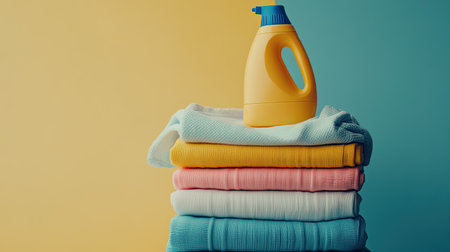 A vibrant arrangement featuring a bottle of laundry detergent atop neatly stacked towels in pastel colors. Ideal for household cleaning themes.の素材