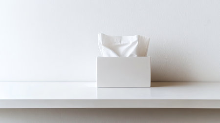 A white tissue box placed neatly on a minimalist shelf creates an elegant and clean aesthetic. Perfect for home or office settings, this image conveys simplicity and organization.の素材