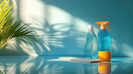 A serene setting showcases cleaning products against a vibrant blue background, emphasizing freshness and cleanliness with a touch of greenery and sunlight.の素材
