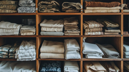 A wooden shelf showcasing a variety of neatly folded fabrics and textiles in warm, neutral tones. An inviting arrangement perfect for home or craft decor.の素材