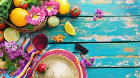 A vibrant summer picnic scene featuring fresh fruits, colorful flowers, and a straw hat, set against a rustic wooden table. Perfect for seasonal celebrations.の素材