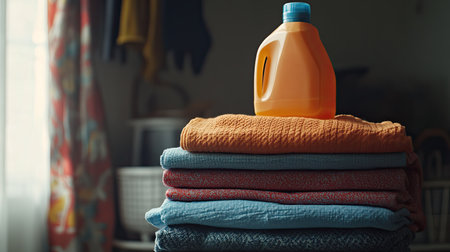 A vibrant orange detergent bottle rests atop a neatly folded stack of towels, showcasing a serene laundry scene filled with fresh linens and cleanliness.の素材