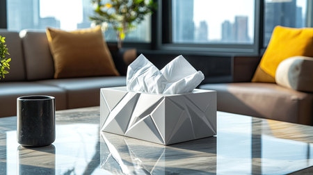 A stylish living room scene featuring a modern tissue box on a coffee table alongside a sleek coffee cup. The bright, airy space offers a view of the city skyline, creating a cozy atmosphere.の素材