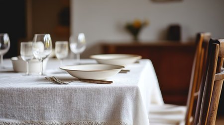 A beautifully arranged dining table featuring elegant tableware and glassware, perfect for special occasions, family gatherings, or dinner parties.の素材
