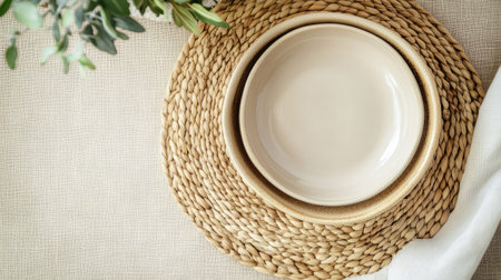 A rustic table setting featuring a round woven placemat and an empty ceramic bowl. The top view highlights the minimalist design and natural textures, creating a cozy and inviting atmosphere.の素材