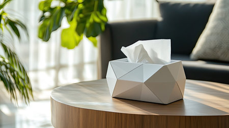 A modern tissue box with a geometric design sits on a wooden table, surrounded by vibrant green plants. This setup creates a cozy and serene atmosphere in a contemporary living room.の素材