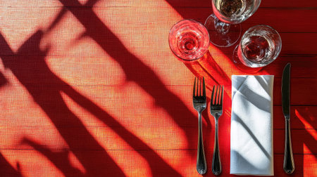 This image features an elegant dining setup with glassware and cutlery arranged on a vibrant red table. Shadows add depth and character to the scene, creating an inviting atmosphere.の素材
